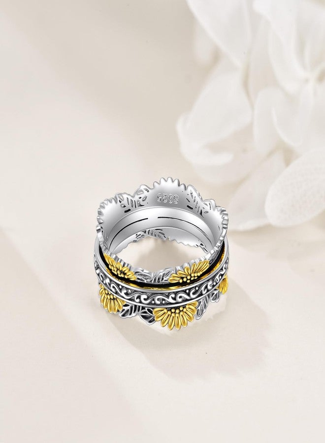 POPLYKE Sterling Silver Sunflower Flower Anxiety Spinner Rings Rotatable Fidget Mood Rings for Women Relieve Stress Gift 8 Size - Image 4